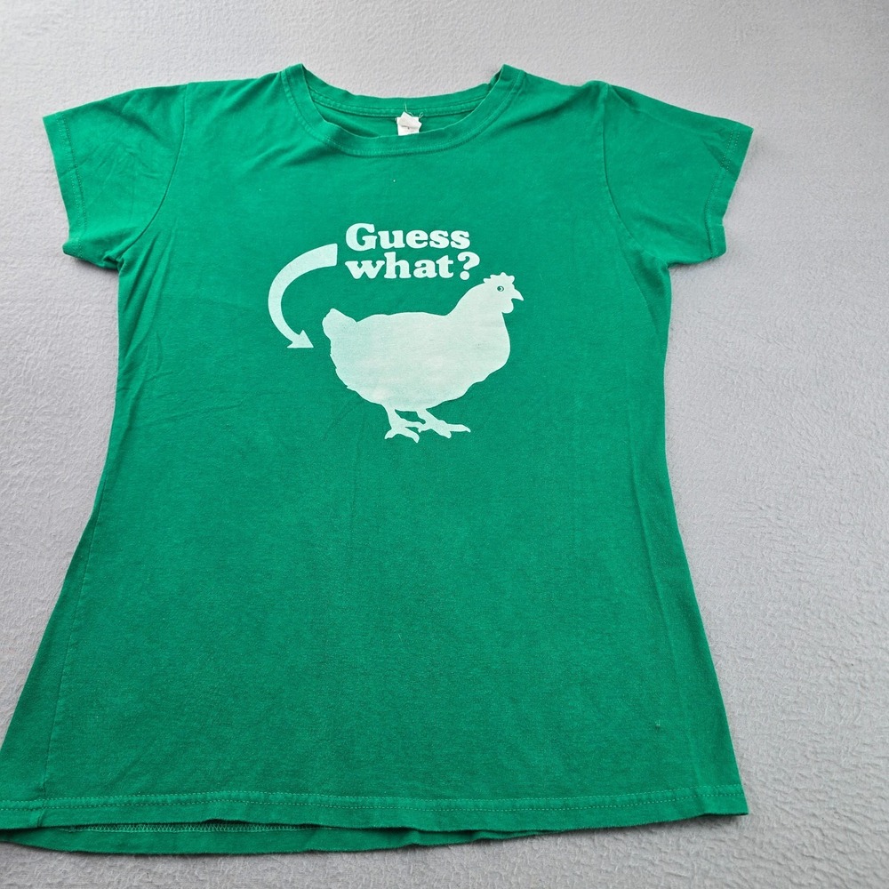 Tultex T-Shirt Womens Large Green Guess What Graphic Print Short Sleeve Crewneck